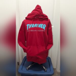 Thrasher Red Hoodie with Light Blue Text - Men's Large